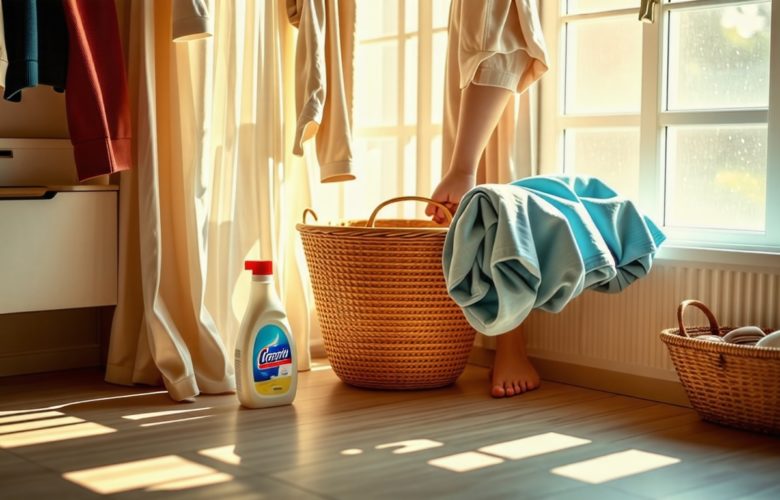 une-personne-en-train-de-faire-la-lessive-a-la-maison-avec-un-panier-de-linge-et-des-vetements-accroches-a-secher-eclairee-par-la-lumiere-du-soleil-qui-entre-par-la-fenetre